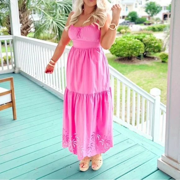 NWT 100% Cotton Pink Eyelet Beachy Tropical Midi Dress - Size S - Picture 3 of 3